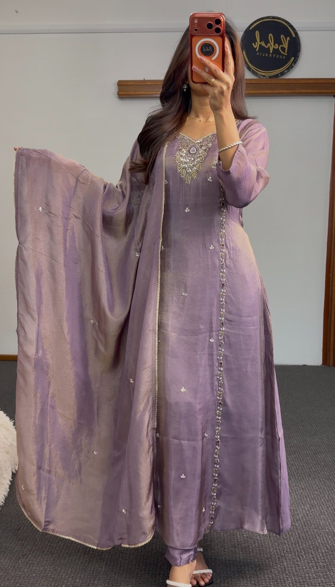 Mauve purple Anarkali suit with embroidered neckline, sequin detailing and flowing matching dupatta — Behuli Australia