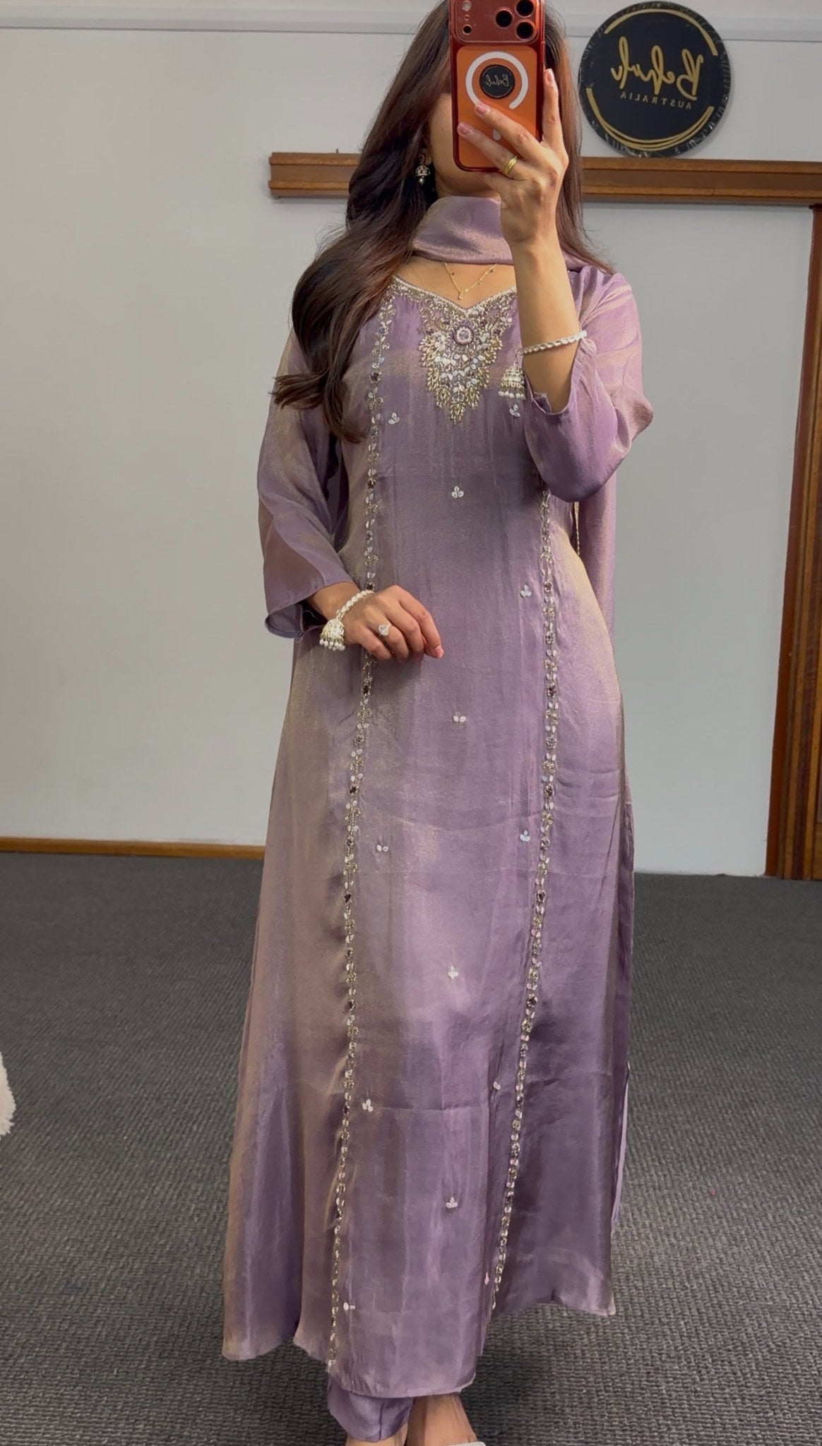 Mauve purple Anarkali suit with embroidered neckline, sequin detailing and flowing matching dupatta — Behuli Australia — view 2