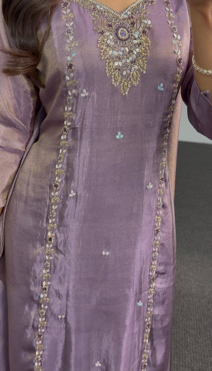 Mauve purple Anarkali suit with embroidered neckline, sequin detailing and flowing matching dupatta — Behuli Australia — view 4