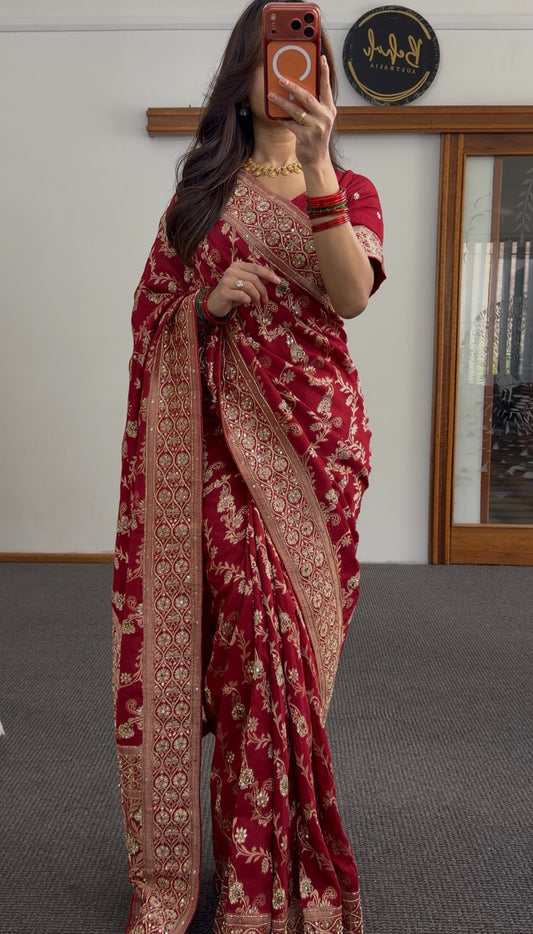 Maroon red saree with gold zari floral embroidery and embellished border worn with matching blouse — Behuli Australia