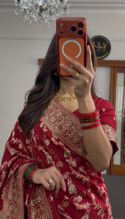 Maroon red saree with gold zari floral embroidery and embellished border worn with matching blouse — Behuli Australia — view 2