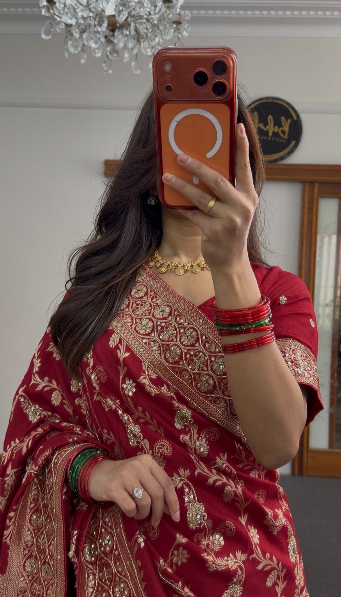 Maroon red saree with gold zari floral embroidery and embellished border worn with matching blouse — Behuli Australia — view 2