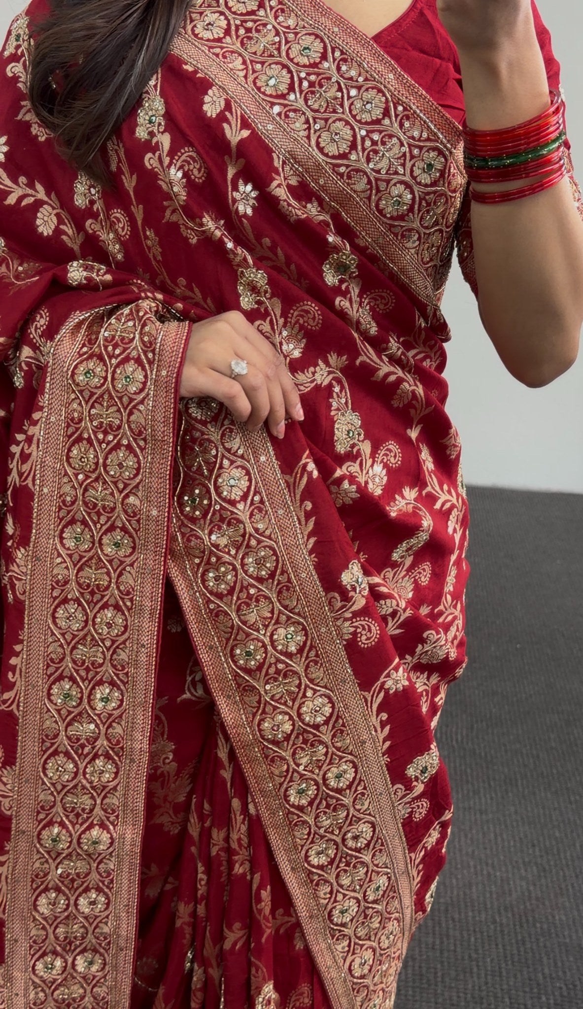 Maroon red saree with gold zari floral embroidery and embellished border worn with matching blouse — Behuli Australia — view 3