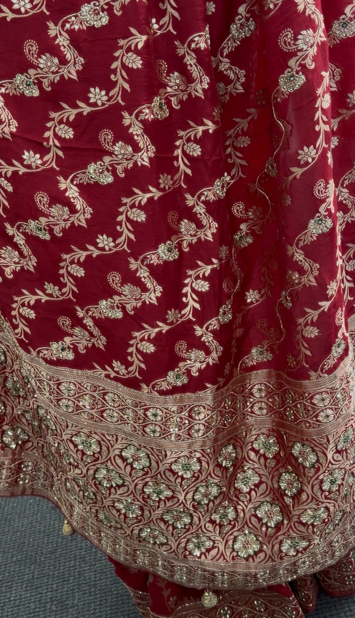 Maroon red saree with gold zari floral embroidery and embellished border worn with matching blouse — Behuli Australia — view 4
