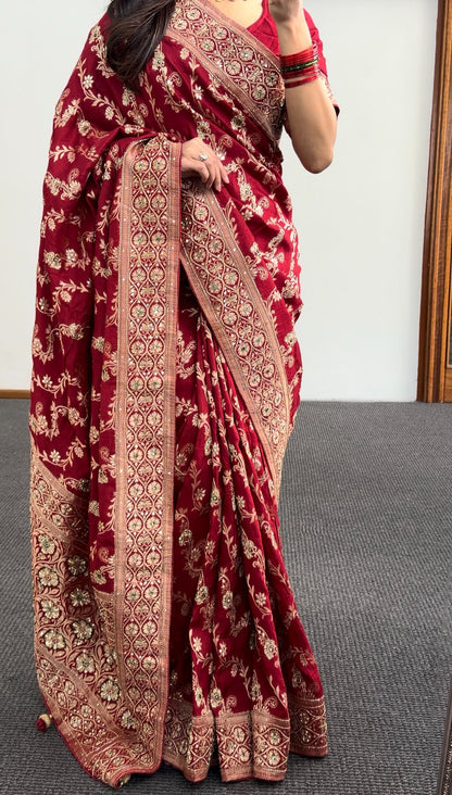 Maroon red saree with gold zari floral embroidery and embellished border worn with matching blouse — Behuli Australia — view 6