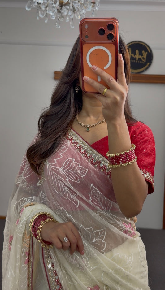 Ivory organza saree with floral embroidery, maroon stone-work border and red embroidered blouse — Behuli Australia — view 2