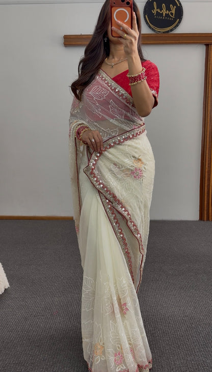 Ivory organza saree with floral embroidery, maroon stone-work border and red embroidered blouse — Behuli Australia — view 3