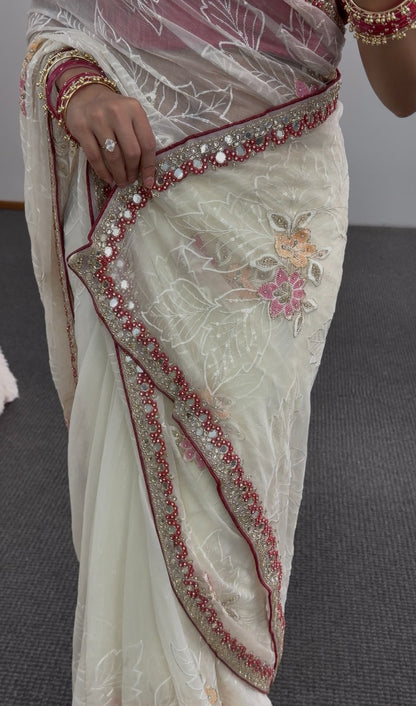 Ivory organza saree with floral embroidery, maroon stone-work border and red embroidered blouse — Behuli Australia — view 4