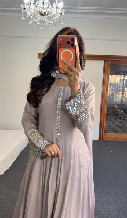 Dusty mauve floor-length Anarkali gown with sequin and mirror embellishment at cuffs and placket — Behuli Australia — view 2