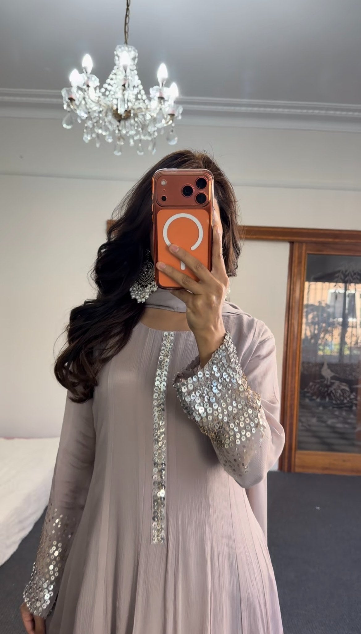 Dusty mauve floor-length Anarkali gown with sequin and mirror embellishment at cuffs and placket — Behuli Australia — view 3
