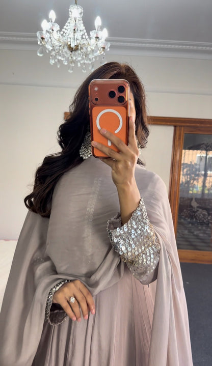 Dusty mauve floor-length Anarkali gown with sequin and mirror embellishment at cuffs and placket — Behuli Australia — view 4