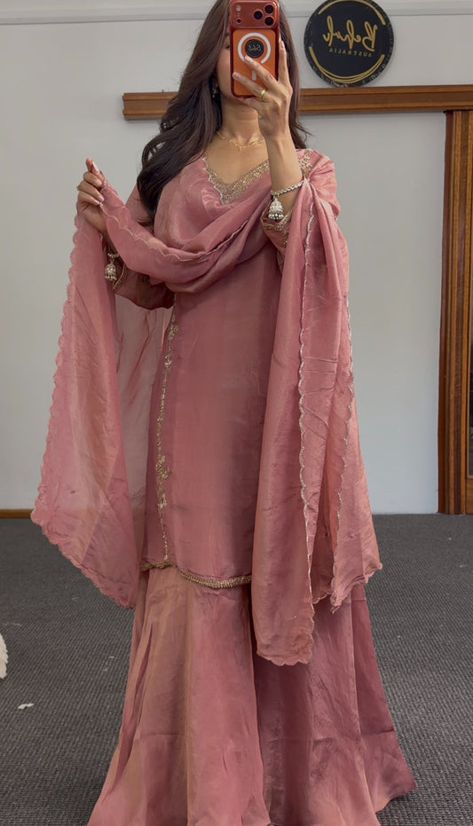 Dusty rose tissue shimmer palazzo suit set with gold embroidery on neckline and dupatta — Behuli Australia