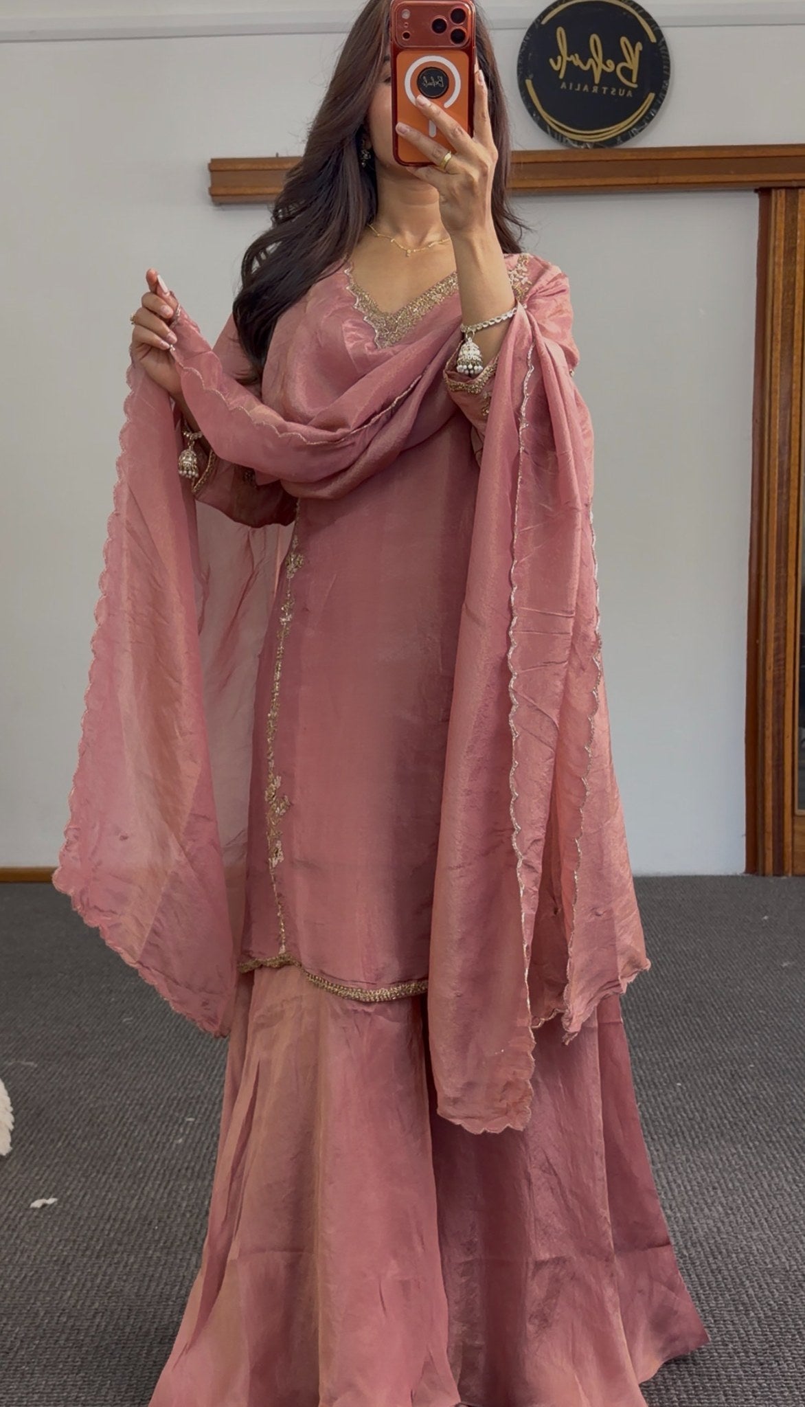 Dusty rose tissue shimmer palazzo suit set with gold embroidery on neckline and dupatta — Behuli Australia