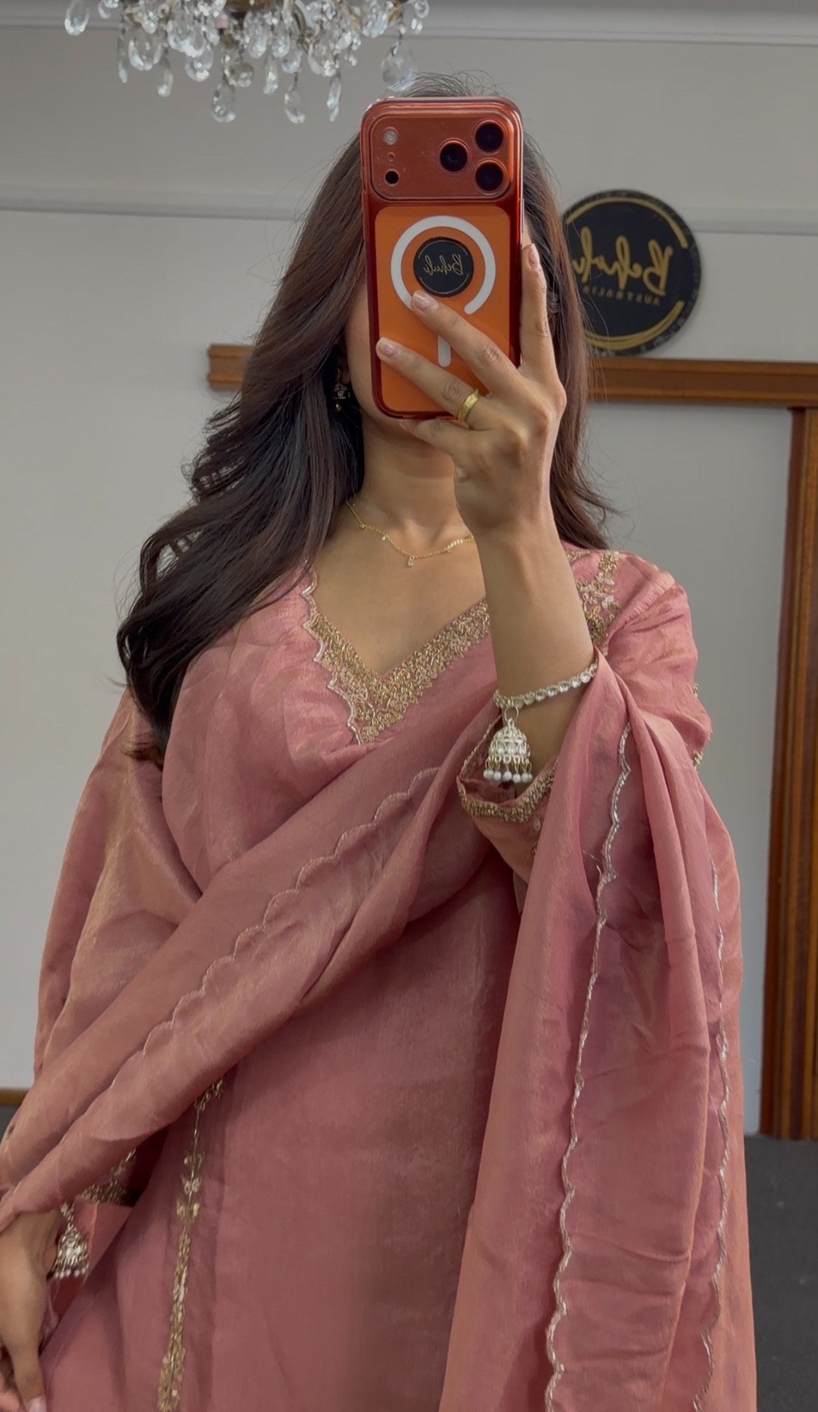 Dusty rose tissue shimmer palazzo suit set with gold embroidery on neckline and dupatta — Behuli Australia — view 2