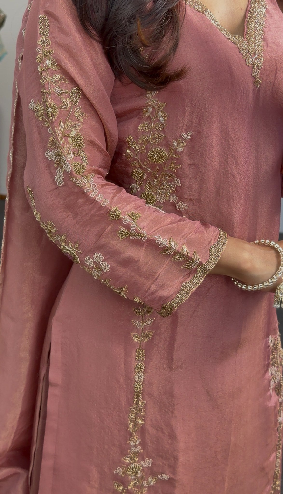 Dusty rose tissue shimmer palazzo suit set with gold embroidery on neckline and dupatta — Behuli Australia — view 3
