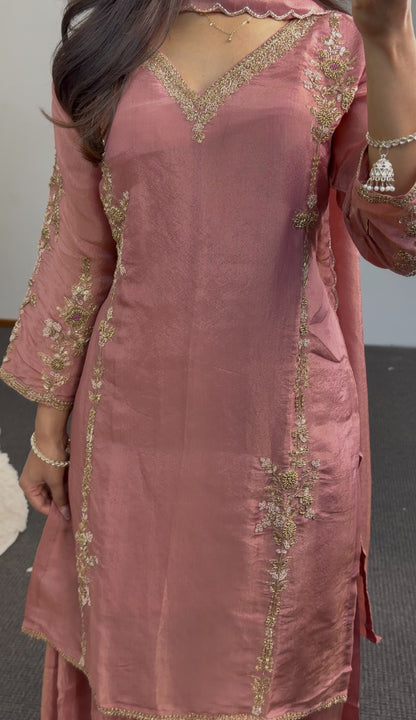 Dusty rose tissue shimmer palazzo suit set with gold embroidery on neckline and dupatta — Behuli Australia — view 4