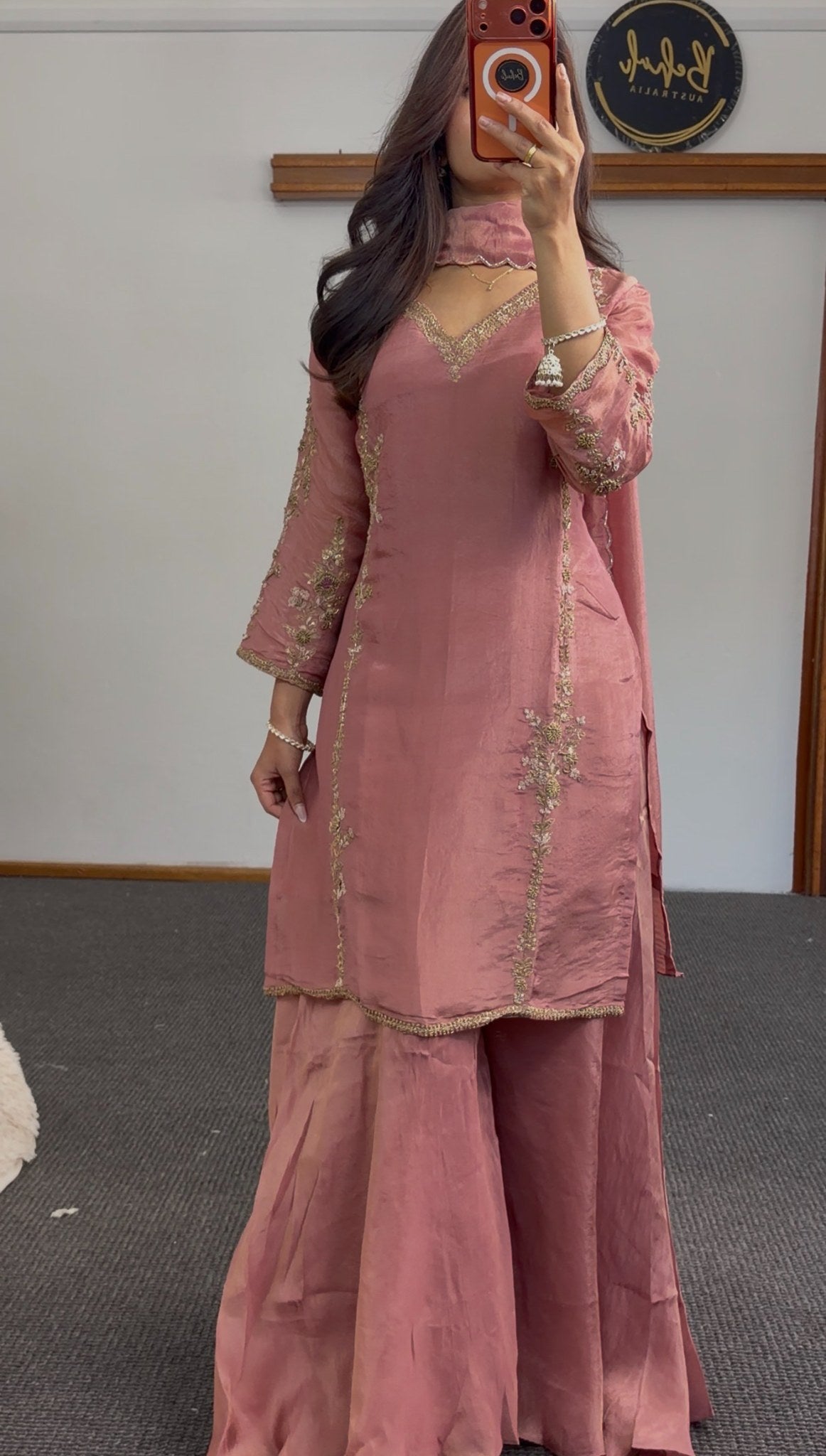 Dusty rose tissue shimmer palazzo suit set with gold embroidery on neckline and dupatta — Behuli Australia — view 5