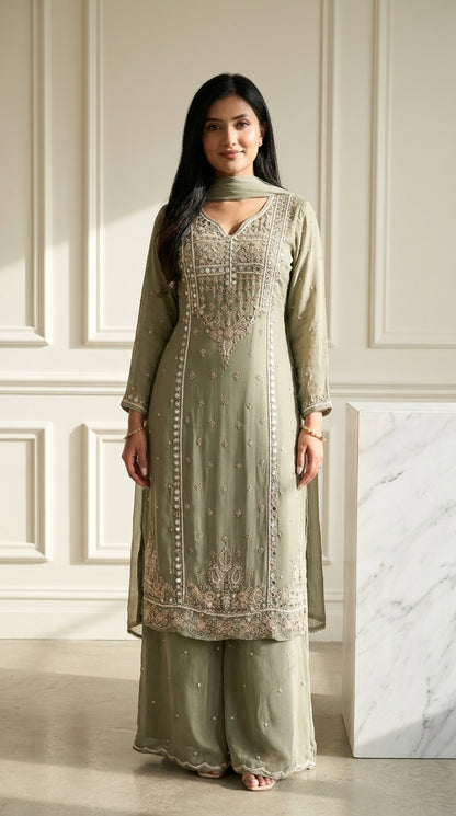 Sage green palazzo suit set with floral paisley embellishment on yoke and hem, full sleeves and matching dupatta — Behuli