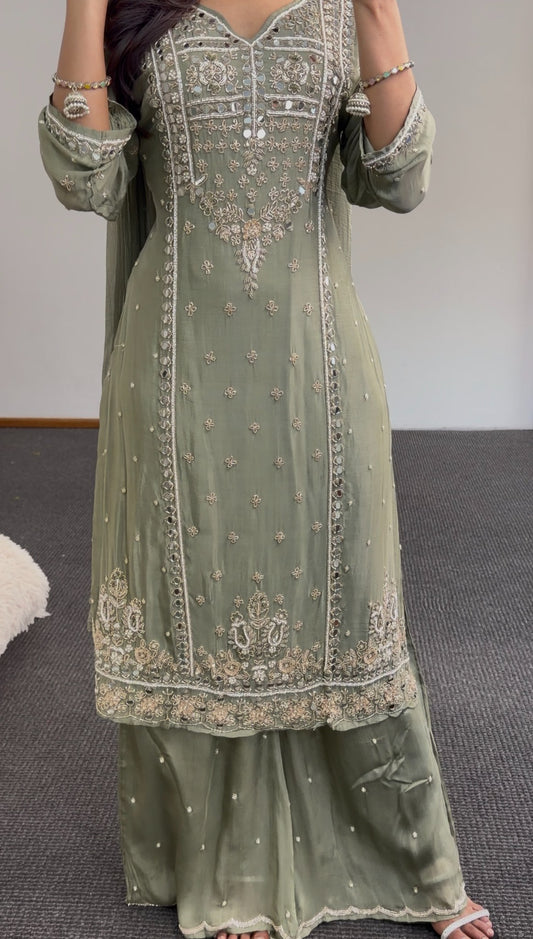 Sage green palazzo suit set with floral paisley embellishment on yoke and hem, full sleeves and matching dupatta — Behuli — view 2