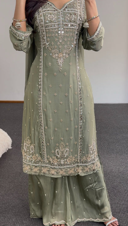 Sage green palazzo suit set with floral paisley embellishment on yoke and hem, full sleeves and matching dupatta — Behuli — view 2