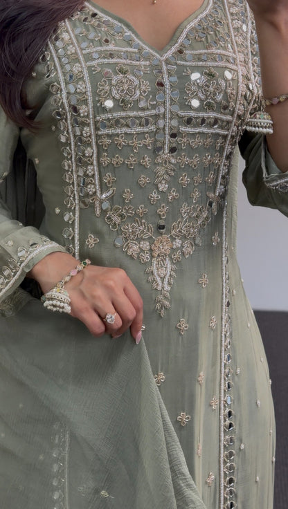 Sage green palazzo suit set with floral paisley embellishment on yoke and hem, full sleeves and matching dupatta — Behuli — view 3