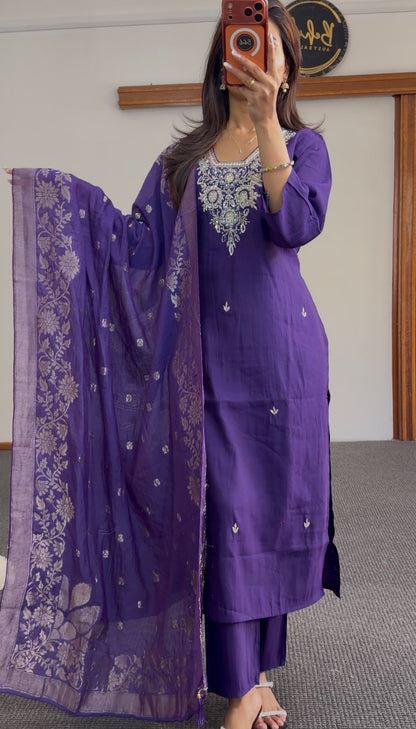 Royal purple kurti set with silver floral neckline embroidery, scattered motifs, matching woven dupatta and palazzo pants —