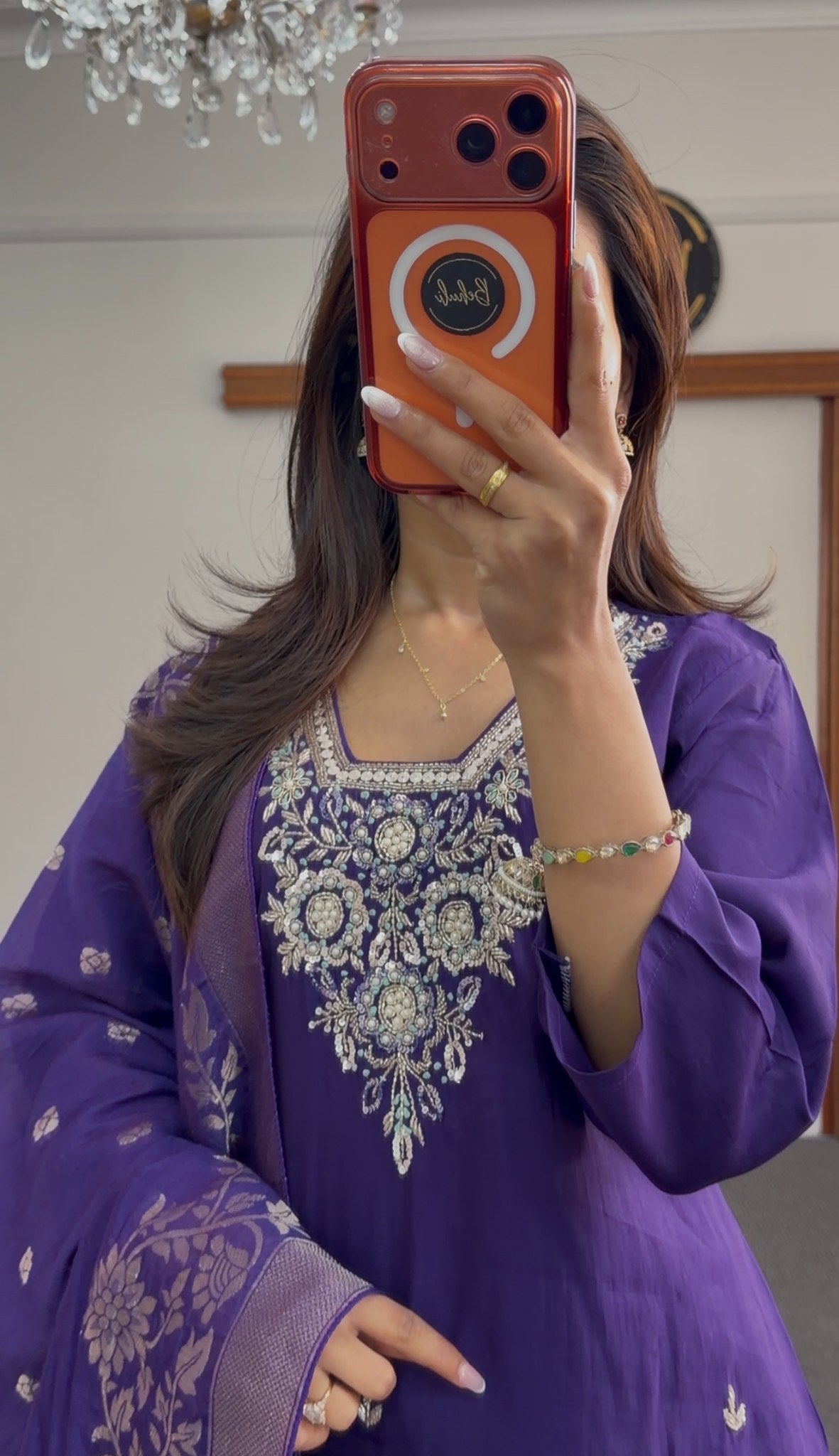 Royal purple kurti set with silver floral neckline embroidery, scattered motifs, matching woven dupatta and palazzo pants — — view 2