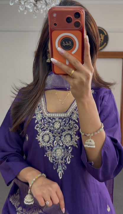 Royal purple kurti set with silver floral neckline embroidery, scattered motifs, matching woven dupatta and palazzo pants — — view 3