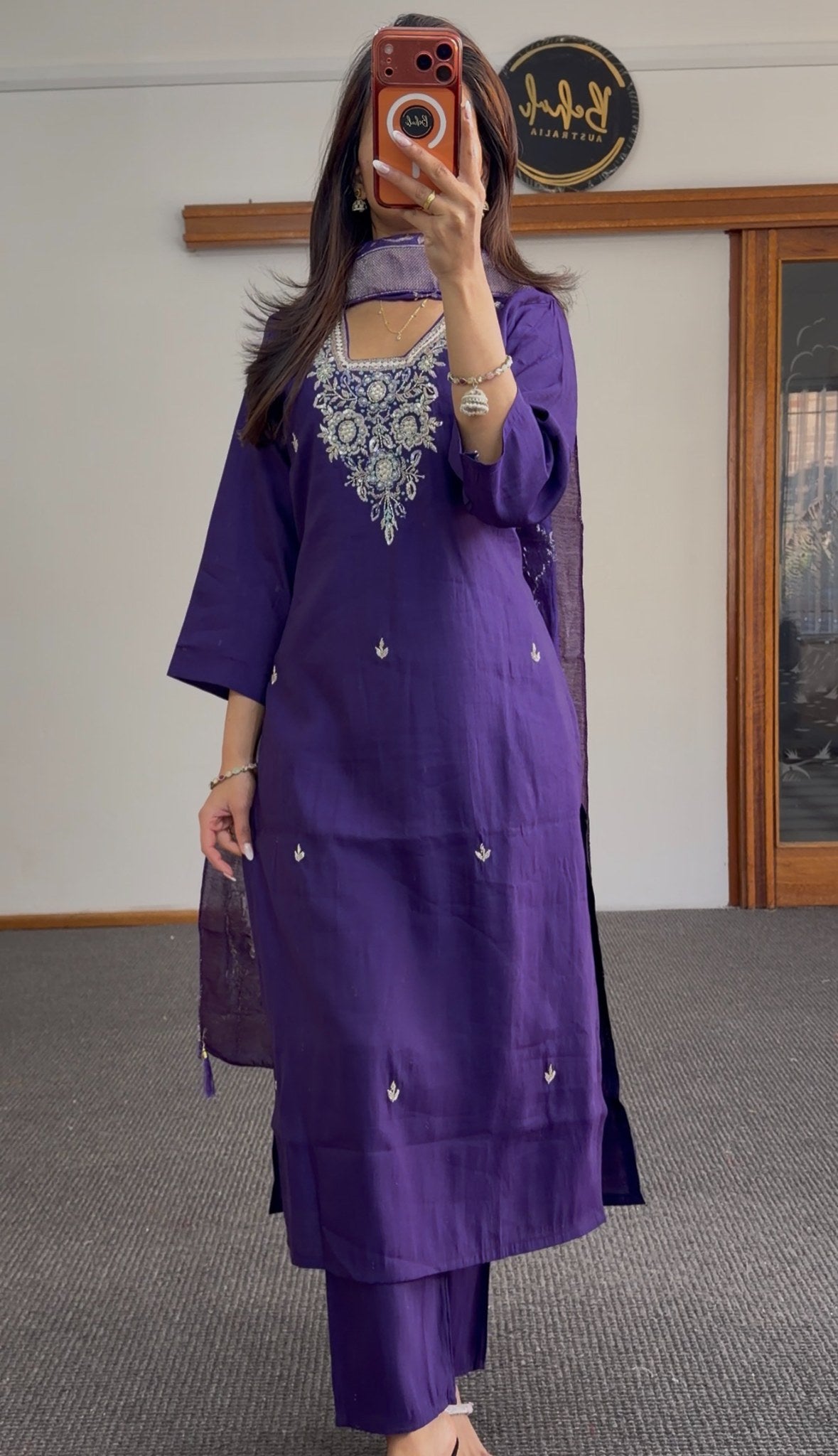 Royal purple kurti set with silver floral neckline embroidery, scattered motifs, matching woven dupatta and palazzo pants — — view 4