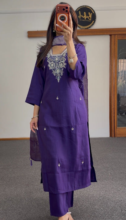 Royal purple kurti set with silver floral neckline embroidery, scattered motifs, matching woven dupatta and palazzo pants — — view 4
