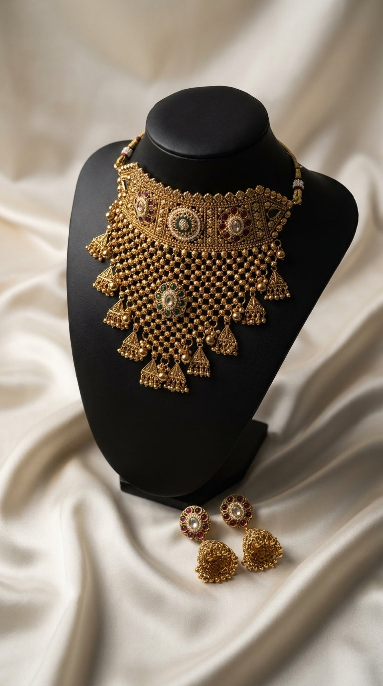 Gold statement necklace set with jhumka earrings, beadwork and kundan-style stone accents — Behuli Australia