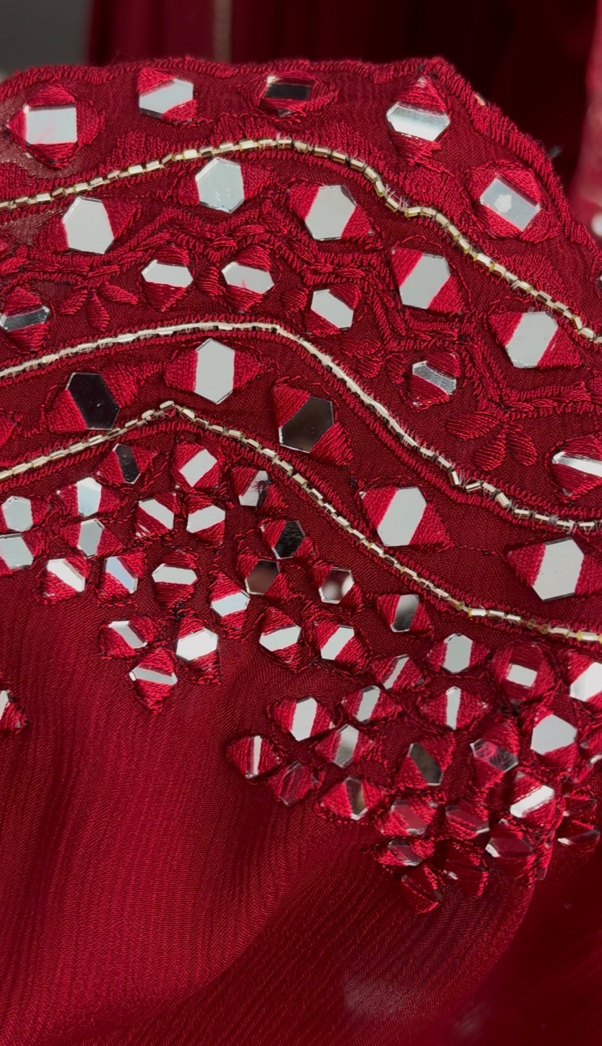 Maroon palazzo suit set with mirror work embroidery, scalloped hemline and matching dupatta worn by a model — view 3