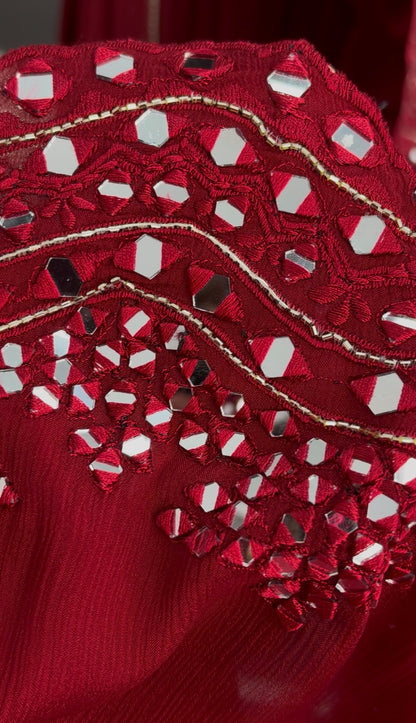 Maroon palazzo suit set with mirror work embroidery, scalloped hemline and matching dupatta worn by a model — view 3