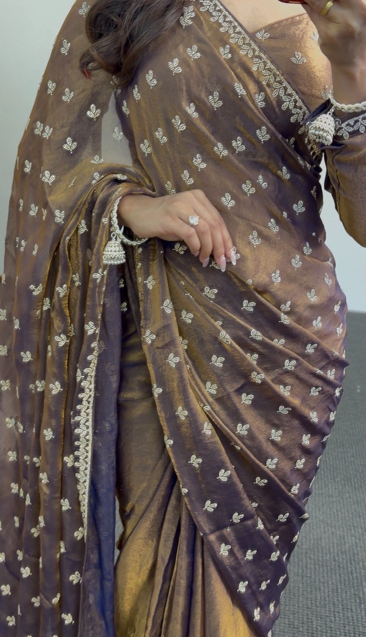 Brown tissue saree with golden sheen, ivory zari booti embroidery and scalloped border draped with matching pallu — view 2