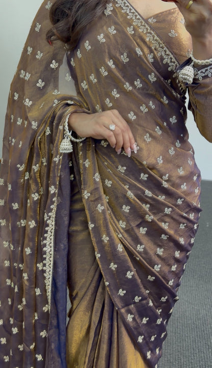Brown tissue saree with golden sheen, ivory zari booti embroidery and scalloped border draped with matching pallu — view 2
