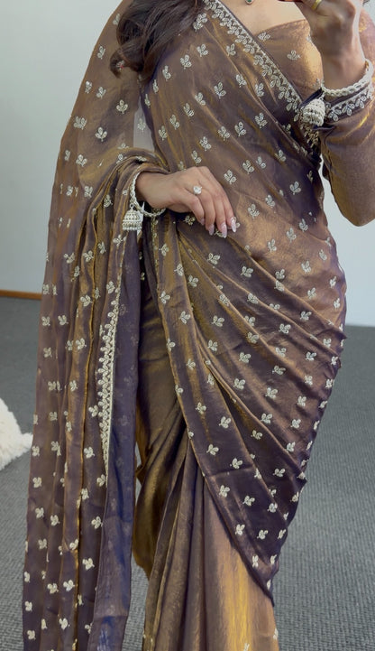 Brown tissue saree with golden sheen, ivory zari booti embroidery and scalloped border draped with matching pallu — view 3