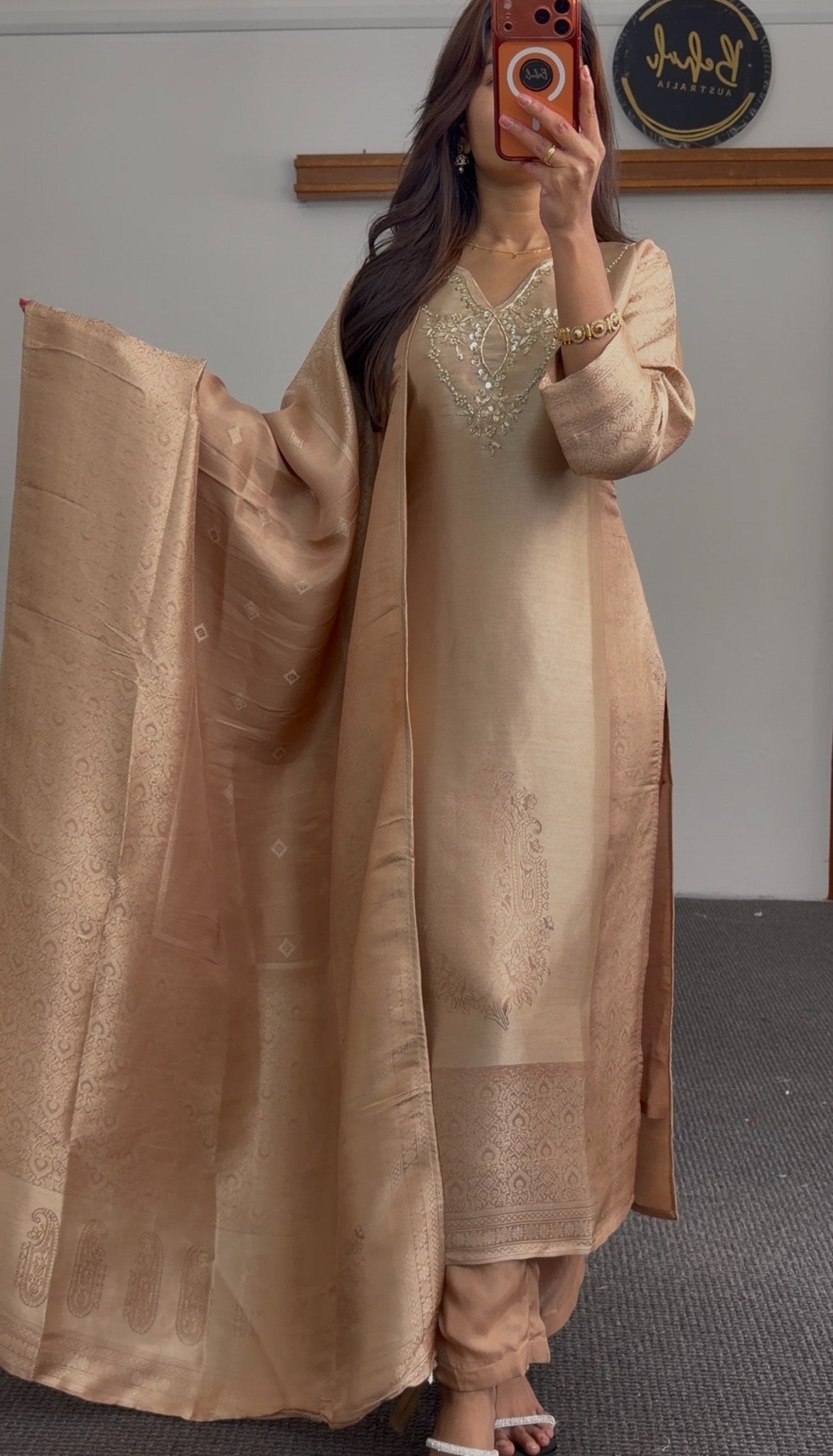 Beige kurti set with sequin neckline embroidery and woven jacquard dupatta — Behuli Australia