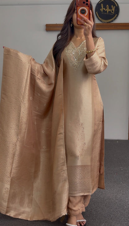 Beige kurti set with sequin neckline embroidery and woven jacquard dupatta — Behuli Australia