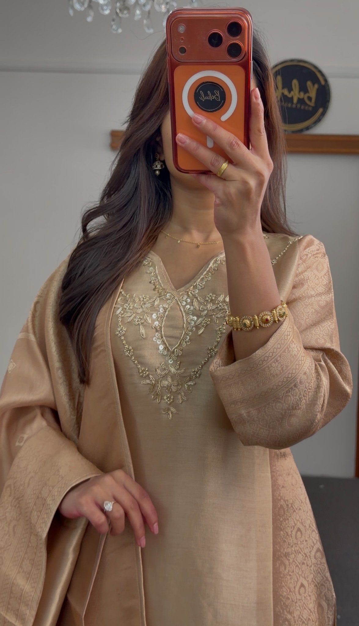 Beige kurti set with sequin neckline embroidery and woven jacquard dupatta — Behuli Australia — view 2