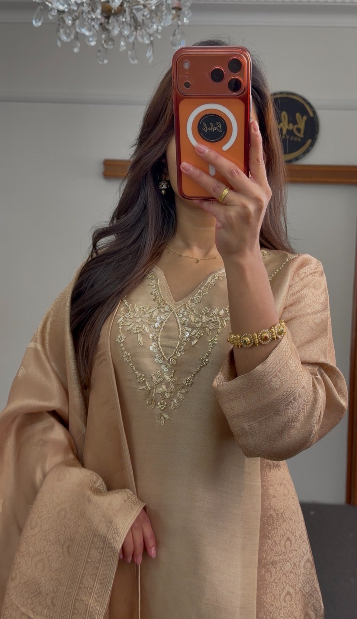 Beige kurti set with sequin neckline embroidery and woven jacquard dupatta — Behuli Australia — view 3