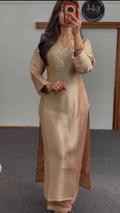 Beige kurti set with sequin neckline embroidery and woven jacquard dupatta — Behuli Australia — view 4