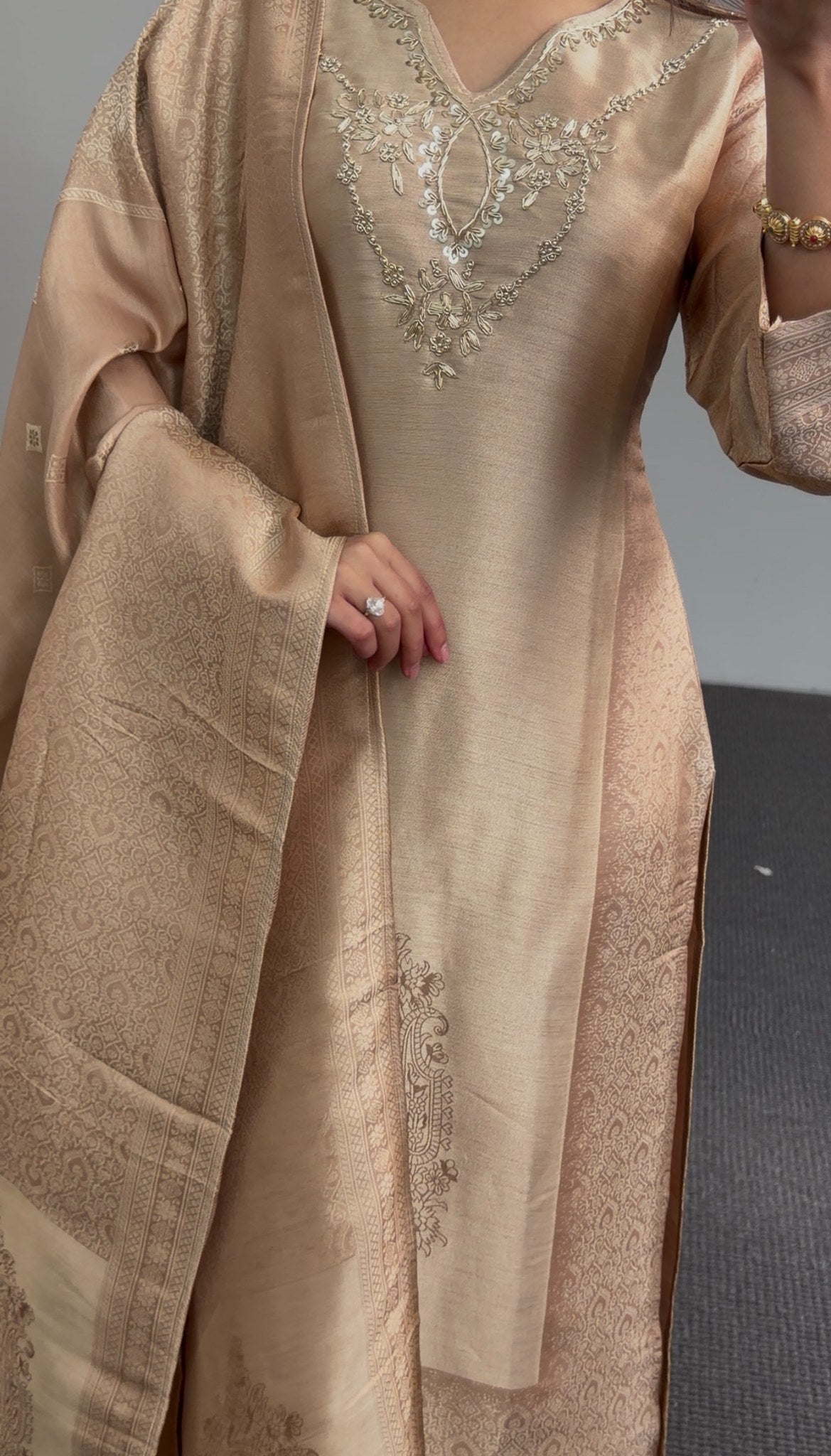 Beige kurti set with sequin neckline embroidery and woven jacquard dupatta — Behuli Australia — view 6