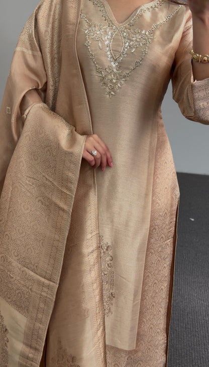 Beige kurti set with sequin neckline embroidery and woven jacquard dupatta — Behuli Australia — view 6