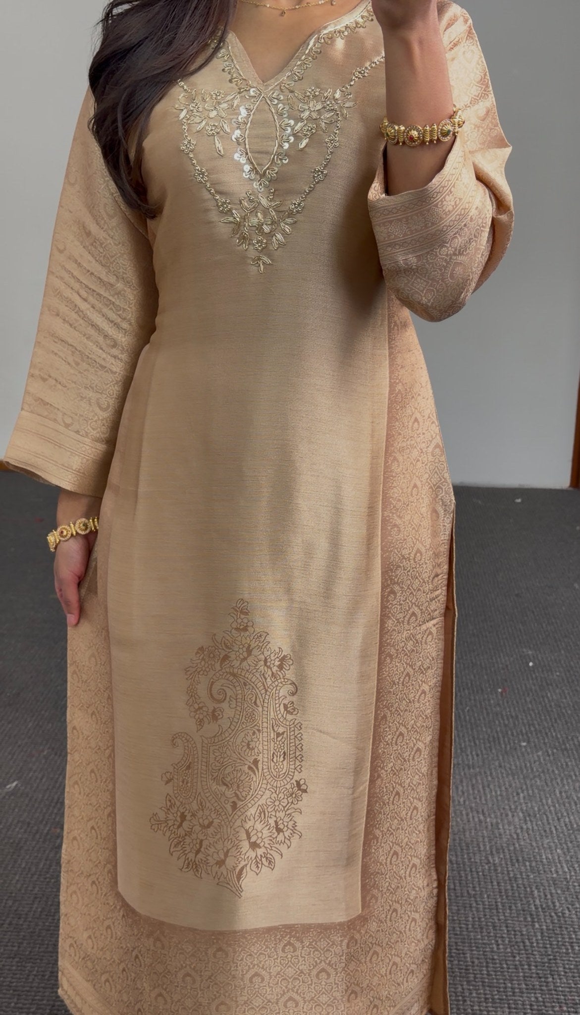 Beige kurti set with sequin neckline embroidery and woven jacquard dupatta — Behuli Australia — view 7