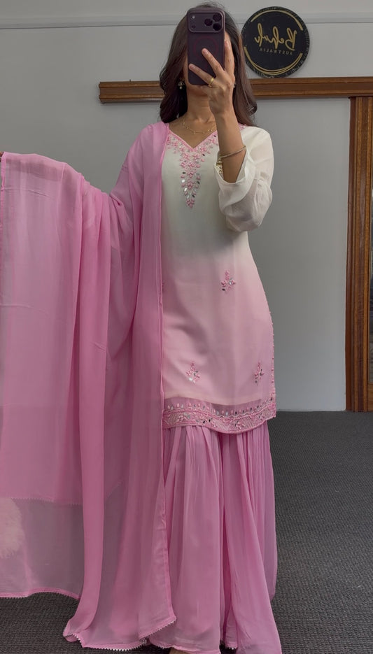 Ivory to pink ombre palazzo suit set with floral embroidery, mirror detailing and flowing pink dupatta by Behuli Australia