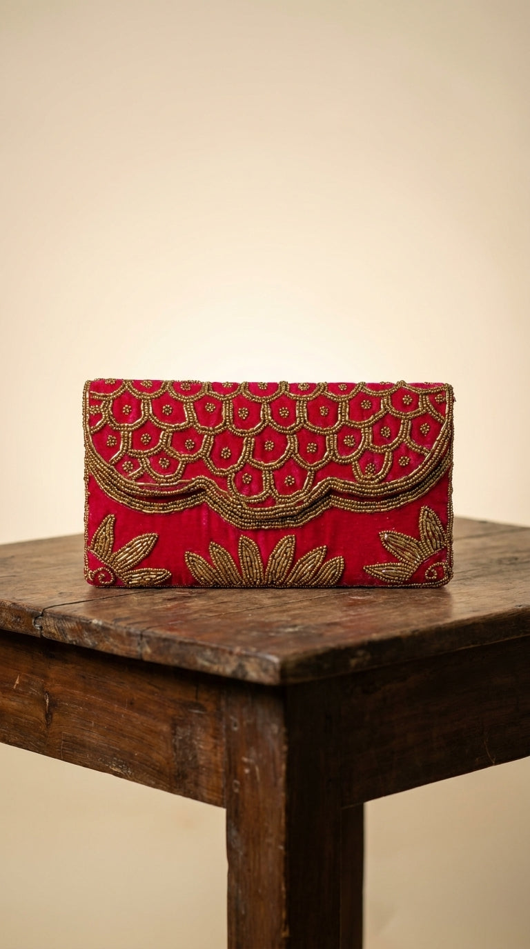 Fuchsia embroidered clutch bag with gold beadwork in scalloped floral pattern — Behuli Australia