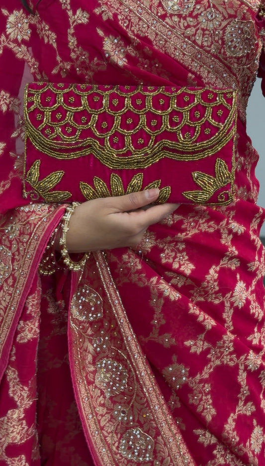 Fuchsia embroidered clutch bag with gold beadwork in scalloped floral pattern — Behuli Australia — view 2