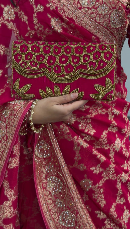 Fuchsia embroidered clutch bag with gold beadwork in scalloped floral pattern — Behuli Australia — view 2