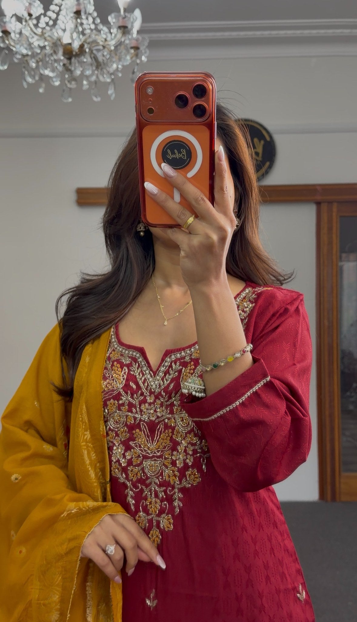 Crimson red kurti set with zari floral neckline embroidery and mustard embroidered dupatta — Behuli Australia — view 2