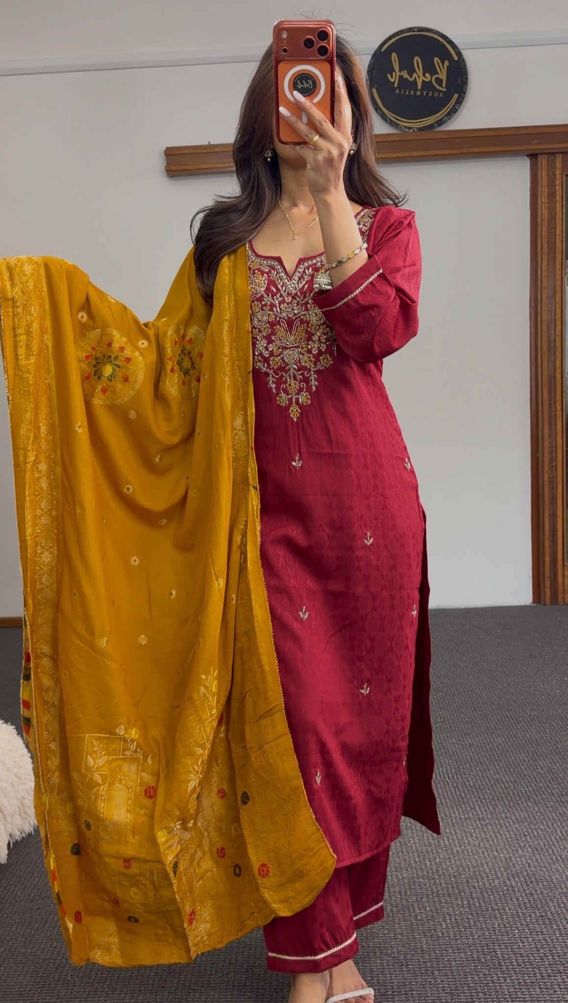 Crimson red kurti set with zari floral neckline embroidery and mustard embroidered dupatta — Behuli Australia — view 3